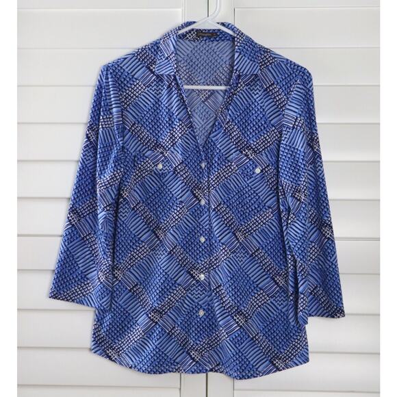 J. MCLAUGHLIN $128 Soft Stretch Button Up Geo Plaid Print Shirt Top Size Medium - Picture 5 of 6
